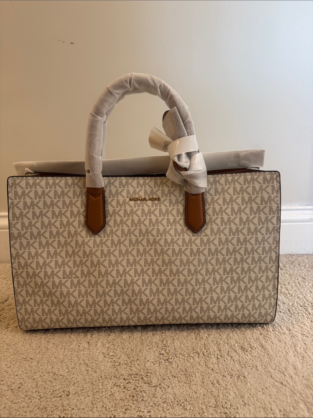 Michael Kors Beige Monogram Tote with Brown Trim